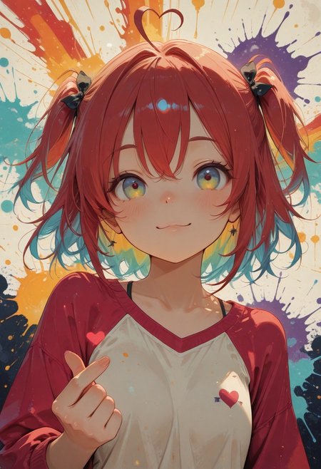 realistic, bright natural light, high contrast,
1girl,
masterpiece, best quality, amazing quality, very aesthetic, absurdres, hyper-detailed, 8k uhd, absolutely eye-catching,  ambient occlusion, raytracing, score_9, score_8_up, score_7_up,
(multicolored eyes, multicolored hair,
multicolored_clothes, raglan sleeves;1.4), heart ahoge, two-side up, blue hair, red hair, yellow hair,
finger heart, happy, (laugh), close-up, dutch angle, face, (foreshortening),
(rainbow sunburst background:1.2), clear composition, (paint splatter:1.2),
warm ambient lighting, soft shadows, volumetric lighting,
