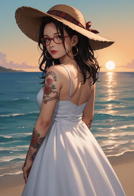 score_9, score_8_up,score_7_up, source_anime, 1girl, solo, <lora:DMCNC_pdxl_EliPot:1> Ncltt, mature female, 
black hair, long hair, brown eyes, glasses, red-framed eyewear, plaid hairband, freckles, 
arm tattoo, hand tattoo, nail polish, 
 hoop earrings, red lips, from behind, white dress, looking back, blush, arms behind back, bare shoulders, female focus, looking at viewer, hat, back, dress, sundress, outdoors, sun hat, sky, sunset, ocean, reflective water,