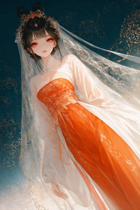 masterpiece, best quality, newest, absurdres, 
Dutch Angle, a Hanfu Bride, her elegant silhouette outlined against the dark night sky., BREAK Her delicate red hanfu, embroidered with intricate patterns, looking_at_viewer, <lora:ponyv4_noob1_2_adamW-000017:0.7000000000000001> <lora:USNR_STYLE_XL_lokr:0.6>