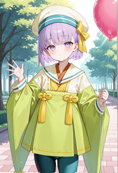 1girl, solo,  holding balloon, outdoors, park, sunlight, waving, short hair, purple hair, purple eyes, ribbon, sailor collar, japanese clothes, long sleeves, wide sleeves, beret, bike shorts <lora:Kazuradrop_Illus:1>, masterpiece, best quality, amazing quality, very aesthetic, absurdres, highres, newest