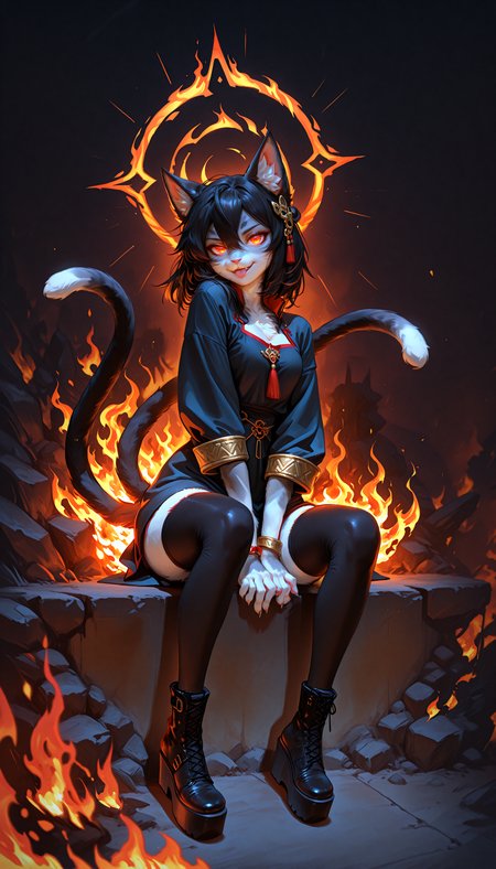 masterpiece, best quality, good quality, newest, highres, absurdres, 1girl, solo, looking at viewer, black hair, hair ornament, red eyes, thighhighs, animal ears, hair between eyes, jewelry, sitting, tail, boots, tongue, medium hair, black thighhighs, cat ears, tongue out, black footwear, halo, bracelet, animal ear fluff, cat tail, glowing, fangs, cat girl, fire, furry, multiple tails, glowing eyes, :p, between legs, furry female, v arms, hand between legs, two tails, platform footwear, Z3D, Rovina_Cai, <lora:illustriousXL_stabilizer_v1.23:0.3> <lora:NOOB_vp1_detailer_by_volnovik_v1:0.3> <lora:ponyv6_noobE11_2_adamW-000017:0.3> <lora:Rovina_Cai_-_MtG_Style_-_Zeds_Styles:0.6> <lora:solaXL_NBVP1_lokr_V6311P:0.7>