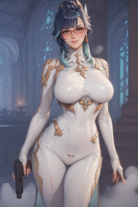 score_9, score_8_up, score_7_up, score_6_up,xianyun \(genshin impact\),glasses,red-framed eyewear, semi-rimless eyewear, two-tone hair, very long hair,hair ornament,
mecha suit,bodysuit, realistic, pilot suit,white bodysuit,skin tight, gardient clothes,gloves,
mature female,beautiful detailed face,milf,
large breasts,Detail hands,wide hips,
naughty face,smile,blush,looking at viewer,holding gun,assault rifle, leg lift,
steam,,day,indoors  <lora:mechasuit-000001:0.7> <lora:oda_non:0.8> <lora:Xianyun_genshin_V1:0.3>