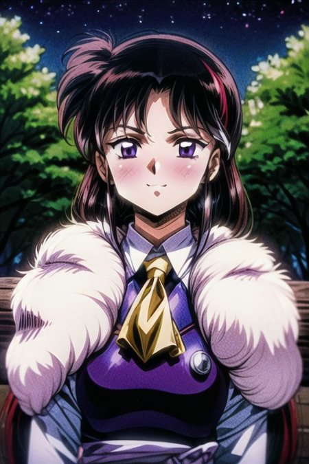 best quality 1girl Setsun4 solo long hair,  (night time) forest background black hair very long hair purple eyes multicolored hair armor, small, (fur trim) (medium body),<lora:EMS-179-EMS:0.800000>,<lora:EMS-293862-EMS:0.800000> bow, hair_bow, hair_tubes, red_bow, brown_hair, long_hair, bangs, ascot, frilled_bow, yellow_ascot, blush, smile, hair_between_eyes, athletic, armor, miko,  Smiling, happy,