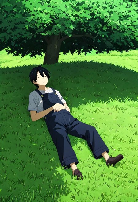 high resolution, professional photography, best quality, 1Boy, Kirigaya Kazuto, Black Hair, Black Eyes, overalldetail, relax, nap, sleepy, meadow, hill, bush, grass, under a shady tree, gentle breeze