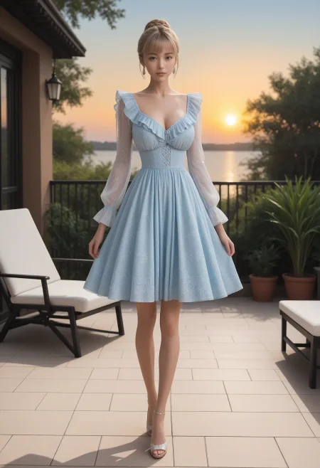  masterpiece, best quality, (highly detailed:1.4), (realistic skin:1.4), 1girl,  ch3v4l13r,  (slim:1.5), brown eyes, short blonde hair,  asymmetrical bangs, braided bun, earrings, covered large breasts,   QUNZI2,,frilled dress,light blue dress,white sheer neck,long sleeves,floral print,frills,puffy sleeves,see-through sleeves,, covered gigantic breasts, covered erectr nipples, closed eyes, open mouth, (dress lift), (covered big puffy pussy:1.2), (covered big clitoris),covered clitoris hoods, visible panties,          (hetero:1.1), (1man:1.2), (muscular old man), (clothed male),,, (hugging:1.1), (big penis bulge erected:1.15), standing,  pov,         (cowboy shot:1.3), lounge_chair, patio, water, greenery,sunset, ,     (from side:1.3),,dynamic pose, back lighting,,(absurdres), intricate_details, refined_textures, volumetric_lighting, perfect_shadow, realistic_depth, hyperfocus, (depth_of_field:1.2),
high_quality, beautiful, score_9, score_8_up, score_7_up, aidmaimageupgrader,