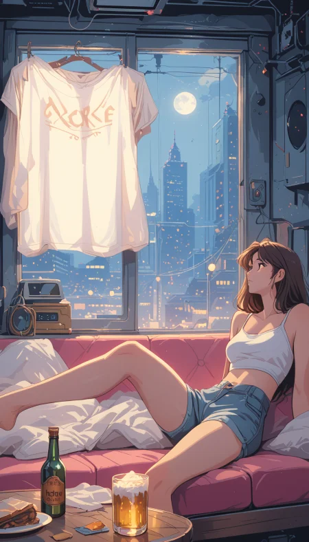 masterpiece, Shinkaistyle, STYLE_PONYXL_guweiz_ownwaifu,
pinkretroanime, retro art,
Cyberpunk Style, cyberpunk, science fiction, hi tech, future tech, neon, (Cybernetics:1.25), (Neon Cityscape:1.4), (lineless:1.5), smooth edges, (lighten the face:1.5), tall body, slender body, fit body, long legs, The image portrays a tranquil scene inside a dimly lit room at night. A young woman is reclining on her stomach on a bed, her head resting on the backrest of the bed. She is casually dressed in a tank top and shorts, with her legs stretched out. Her posture suggests relaxation or contemplation. To her right is an open window draped with laundry, adding to the casual ambiance. The room has a worn, lived-in feel, with its wooden floorboards and exposed brick walls. A small bookshelf stands against one wall, and various papers are scattered around it. Hanging on the wall above the bed is an artwork, adding a touch of personal expression to the space. In the background, there's a night view of what appears to be an urban streetscape, suggesting that the window opens out onto a busy city area. The lighting outside contrasts with the darker interior, creating a serene yet somewhat melancholic mood., 1girl, solo, long hair, breasts, blush, short hair, bangs, brown hair, shirt, black hair, navel, bare shoulders, brown eyes, sitting, closed mouth, full body, white shirt, sky, glasses, shorts, barefoot, sleeveless, midriff, indoors, black eyes, feet, cup, sketch, crop top, short shorts, bare legs, window, profile, night, arm support, looking away, traditional media, leg up, table, tank top, bottle, looking up, denim, curtains, t-shirt, building, night sky, scenery, couch, camisole, plate, alcohol, drinking glass, reflection, rain, knee up, blue shorts, denim shorts, mug, city, drink, can, leaning back, glass, light, lamp, cityscape, dark, drunk, midriff peek, looking afar, on couch, cutoffs, beer, white tank top, grey shorts, reclining, skyscraper, beer mug, beer can, city lights, shirt removed, clothes hanger, balcony, laundry, clothes, looking outside, clothesline