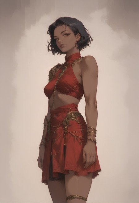 female focus, score_9, score_8_up, score_7_up, 
portrait, 1girl, PoE2Sorcceres, PoE2Sorcceresbaseoutfit, 1girl, jewelry, shoulder armor, female focus, dark-skinned female, short hair, black hair, anklet, red skirt, skirt, armor,