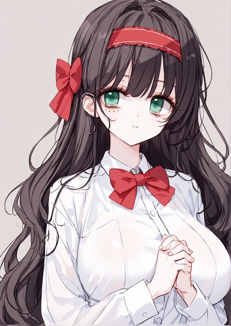 1girl, ishizu moe, huge breast, bags under eyes, black hair, bow, bowtie, empty eyes, freckles, green eyes, grey background, headband, jimiko, long hair, looking at viewer, own hands together, parted lips, red bow, red bowtie, red headband, solo, wavy hair, zPDXL3,handfixer <lora:HandFixer_pdxl_Incrs_v1:1> <lora:MOHU:0.9>