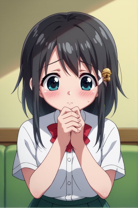 score_9, score_8_up, score_7_up,anime_source, source_anime, best background, detailed background,   hiyori, 1girl, bell, blush, shy, introvert, cute,  victory fingers, best hand, school uniform, solo  indoors,   <lora:Hiyori_Kazane:0.8>