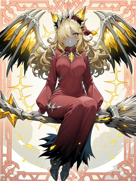 1girl,grey skin,mementotlan angwitch,solo,hair over one eye,looking at viewer,broom,broom riding,demon girl,sitting,teeth,parted lips,full body,smile,facial mark,red headwear,red robe,red frame,official art,
masterpiece,best quality,amazing quality,very aesthetic,absurdres,newest,<lora:Mementotlan Angwitch & Mace illusXL v1.1:0.75>,