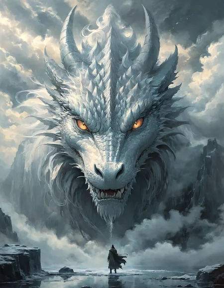 closeup of the dragon face, frontal, symmetrical, centered, fantasy themed digital painting, a majestic ethereal gigantic dragon head with white scales and flowing manes, swirling clouds to create a mystical atmosphere, face to face, looking down closely at the tiny human, Below a cloaked warrior stand on a reflective surface, serene, mist. whites and grays color palette, high contrast, ethereal quality, <lora:MJ52:0.5>, <lora:add-detail-xl:1>, <lora:sdxl_lora_beksinski:0.5>