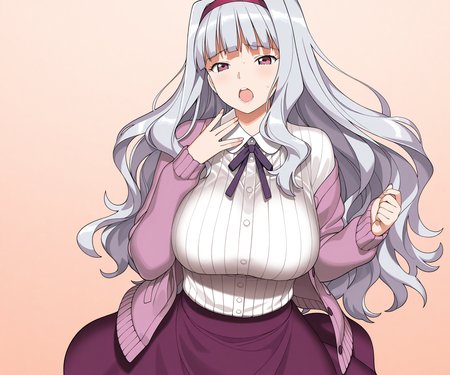masterpiece, best quality, amazing quality, sfw, 1girl, solo, looking at viewer,   shirt, skirt,  open mouth, shijou takane, cardigan,     <lora:A-10 style ILL-v2:1> a10style