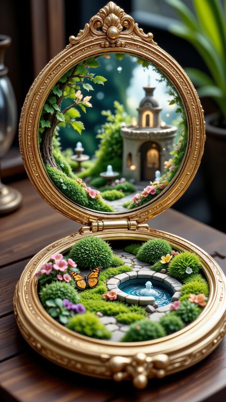 An open compact mirror revealing a hidden castle garden, complete with fountains, hedges, and blooming flowers. Tiny butterflies and garden statues are placed around the grounds, giving a sense of elegance and serenity within the small space, aidmaMJ6.1, aidmafluxpro1.1, aidmaimageupgrader,  <lora:FluxDFaeTasticDetails:0.8>,  <lora:aidmaMJ6.1v0.4:0.7>,  <lora:aidmaImageUpraderv0.3:0.5>,  <lora:aidmaFluxPro1.1Stylev0.2:0.8>