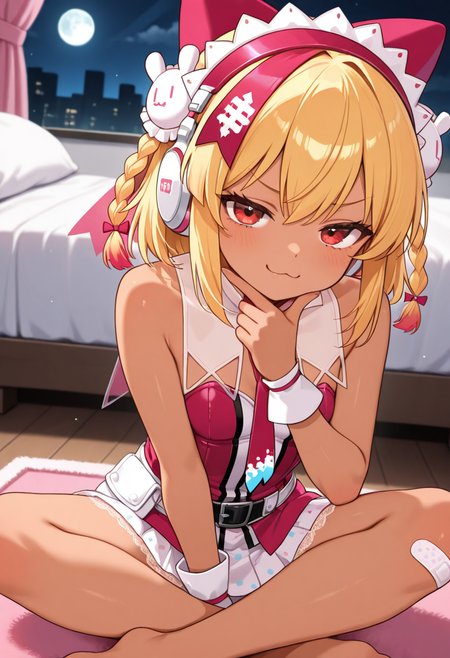 1girl,solo,<lora:xiatianpcil:0.9>,xiatianpc,dark skin,red eyes,blonde hair,short hair,twin braids,braid,hair bow,headphones,dress,small breasts,bare shoulders,wrist cuffs,necktie,skirt,belt,bandaid on knee,looking_at_viewer,cowboy_shot,smile,smug,:3,night,moon,bedroom,carpet,hand_on_own_chin,leaning_forward,barefoot,sitting,indian_style,masterpiece,best quality,good quality,newest,incredibly absurdres,