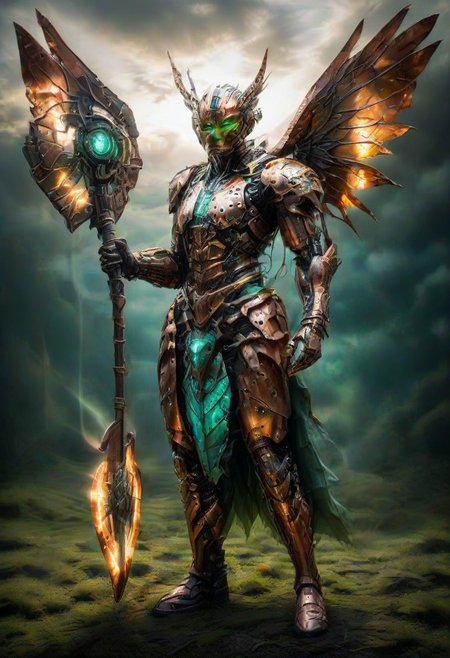 score_9, score_8_up, score_7_up, score_6_up, score_5_up, score_4_up, vibrant colors, easynegative, dramatic lighting, easynegative, Cyborg made of copper, cyborg Angel, copper wings green from oxidation, holding spear and shield, copper armor, chrome highlights, bright sun, blue sky, clouds,
