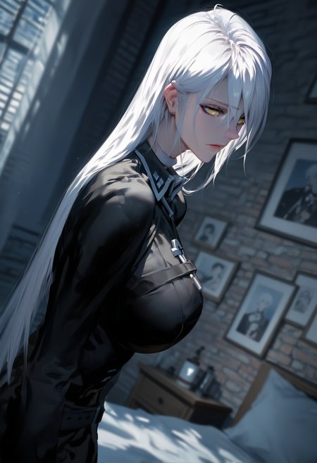<lora:Dakia_Irimel__The_Priest_of_Corruption__Manhwa:0.8>, DakiaIrimel, yellow eyes, white hair, long hair, daily uniform ,,score_9, score_8_up, score_7_up, A hand-drawn painting with rough, emotive strokes, in an oil painting style, surreal images, unreal engine 5, higher resolution textures, 4k graphic resolution, dimly lit, high detailed shading,1girl, solo,beautiful girl, perfect eyes, sexy, cute face,pose,seductive pose,Dutch Angle (from the side) view Close shot (focus on waist),huge breasts,Modest Breasts,Industrial loft bedroom with exposed brick walls and a platform bed,Expressiveh , <lora:Better_expressionsH:0.65> ,  <lora:add_details_xl:1> ,