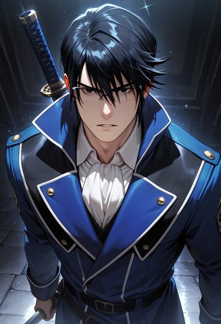 masterpiece, best quality, amazing quality, absurdres, newest, detailed background, definition so sharp, Ultra-HD, 8K cinematic, very awa, impressionate, amazing quality, highres, 
solo, male focus, manly, mature male, bara, cool coloring, aesthetic,
reishimunakata, reishi_black hair, reishi_black eyes, 1boy, short hair, glasses, blue coat, white collared shirt, ascot,
parted lips, serious face, charming, sparkle, looking at viewer, holding sword, sword on front face, standing,