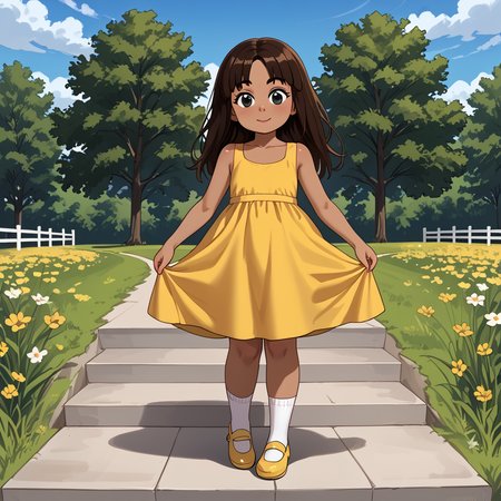 outside,   <lora:Emmie Molly:1> emmie, 1girl, female child, solo, brown hair, dark-skinned female, black eyes, long hair, dress, yellow dress, shoes, socks, full body
