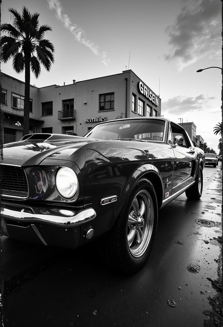 A nostalgically crafted relic of the past, a meticulously restored deep Monochrome pearlescent classic 60's muscle car cruises through the dusk streets with an intimidating elegance. The vintage vehicle gleams with a lustrous sheen, showcasing its aerodynamic lines and sharp accents as it cruises along the asphalt. This evocative scene is captured in a vividly detailed oil painting, where every brushstroke highlights the car's classic styling and pristine condition. Impeccably rendered, this image transports viewers to a bygone era of automotive luxury and style. secretlab, black and white