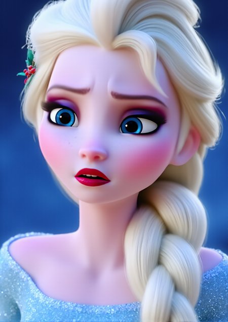masterpiece,4k studio photo quality,clear photo,ultra detail skin,single braid,elsa \(frozen\), Elsa's Sparkling Blue Dress, A close up of a frozen princess with blonde hair and braid on the right side. She has blue eyes, red lipstick, eyebrows, lips, nose and her arms are open and she is wearing a light blue outfit , <lora:Elsa-Flux:1>ï¼