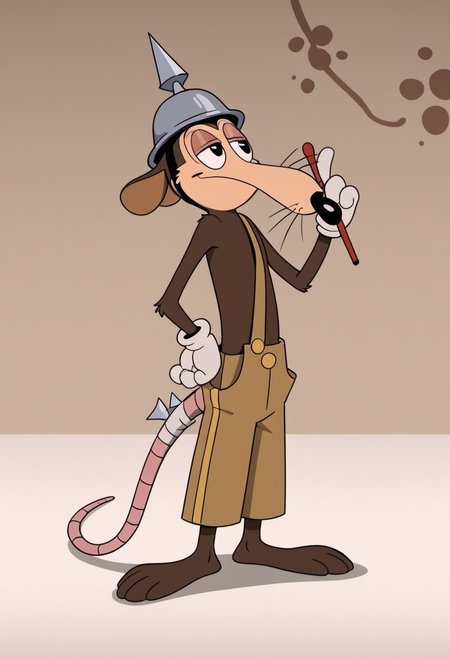 score_9, score_7_up, (masterpiece, extreme detail, best quality), solo focus, male, Werner Werman, mouse, black eyes, brown fur, whiskers, pointy nose, spiked helmet, rat tail, light brown overalls, lederhosen, grey footwear, perfect hands, white gloves, cartoon gloves, full-length portrait, skinny, petite, standing, smile, half-closed eyes, smug, flirty pose, source_photo, source_furry, extremely detailed, pattern background, shadow, shading, hyperrealistic, bandaged tail
