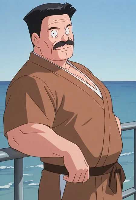 1boy, leaning back, upper body, blue sky, horizon, ocean, outdoors, light smile, looking at viewer, casual, (from side:0.1), against railing, (manly:1.1), rugged, facing viewer,
BREAK
nobirunobi, old man, mustache, black eyes, black hair, retro artstyle, dot pupils, (plump:0.5), 1990s \(style\),
BREAK
japanese clothes, brown belt, brown clothes, large pectorals, thick arms, muscular,
BREAK
best quality, masterpiece, very aesthetic, absurdres, highest detailed, very awa, <lora:Nobiru_Nobi_from_late_Doraemon_oyama_edition_v1.0:1>