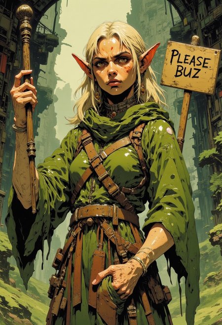 An elf girl looking sad and holding up a sign that says "Please Buzz" , CAICO