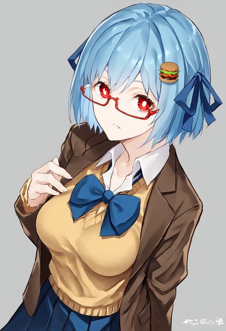 score_9, score_8_up, score_7_up, score_6_up, score_5_up, score_4_up, source_anime, 1girl, solo, 
hamburger-chan_\(hundredburger\), food-themed hair ornament, hair ribbon, glasses, hair ornament, red eyes, semi-rimless eyewear,under-rim eyewear, red-framed eyewear, breasts,rectangular eyewear, blue hair, short hair,bangs,white pupils, solid circle eyes, skirt, pantyhose,blue ribbon, blue skirt, blue hair, blue bowtie, short hair, pleated skirt, long sleeves, bowtie, bow, blue bow,, school uniform, yellow sweater, loafers,brown jacket, 
masterpiece, best quality, very aesthetic, absurdres,