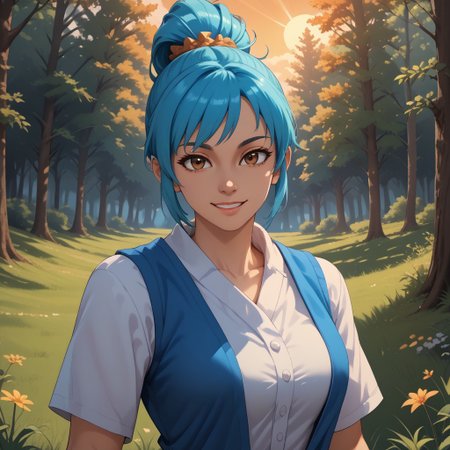 score_9, score_8, BREAK, solo, Rena, blue hair, ponytail, hair tie, brown eyes, sexy pose, self portrait, smile, outdoors, sunlight, shadows, evening lighting, natural lighting, forest, trees, grass, orange sky, sunset