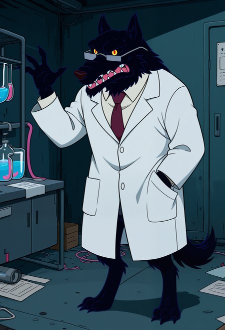 masterpiece,best quality,amazing quality, 1boy, solo, w0lv3s, wolf, black fur, colored sclera, red eyes, lab coat, collared shirt, red tie, full body, glasses, 