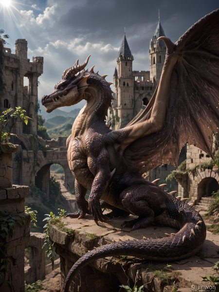 <lora:MH_Fatalis_a1_9_PonyXL:0.9>,score_9,score_8_up,score_7_up, nature photography, (rimlight:1.2)
sunlight, bloom, subsurface scattering, sharp hyper detailed, dramatic lighting, , (shiny metallic skin:1.2), (ultra-detailed small micro scales), bright highlights,
,fatalis,feral,by zackary911,by syuro,by hanuvo,solo,hi res,detailed background,ruins,castle, wings,curled up,side view,high angle
<lora:RM_Enhancer_v1.0_bf16:.1>  <lora:p:.2> <lora:Add_More_details_SD3:.5> ,
