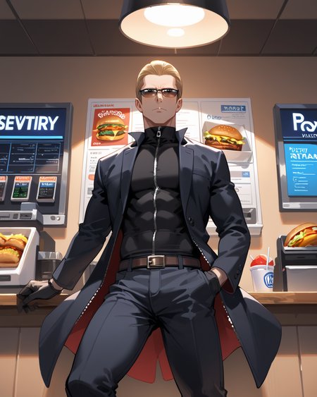 PonyScores7, source_anime, ah1, best quality, (masterpiece:1.4), (high quality:1.4), sharp focus, 4k, absurd resolution, <lora:albertwesker-guy-PONYv1:0.8> albertwesker, albert wesker, 1boy,  blonde, black gloves, (sunglasses:1.3), belt, black coat, black pants, looking at viewer, toned, athletic, fit, slicked back hair, black turtleneck, zipper, mature male, black boots, (industrial spy, business casual with a camera for corporate espionage), (fast Food Ordering Counter, Busy area with stainless steel countertops, digital menu boards, POS terminals, colorful display of menu items, row of stools for waiting customers), bad-hands-5, (Hateful, desperation), <lora:xl_more_art-full_v1:0.2>, <lora:shinyskin2:0.2> glistening skin, <lora:aesthetic_anime_v1s:0.2>, <lora:Expressive_H:0.2> Expressiveh, <lora:hairdetailpxl:0.2> hairdetailpxl, <lora:detailxl:0.2> detailxl, (Low angle (from the side) view Close shot), (focused, intense glare), slit pupils, short hair, (blue eyes), best quality, amazing quality, best aesthetic, absurdres, <lora:expressive eyes:0.2> expressive eyes, <lora:eyedetailpxl:0.2> eyedetailpxl, illustration, Volumetric_Lighting, ultra-detailed, very aesthetic, intricate details, 8k, masterpiece, best_quality, (angular face, sharp_featured face), <lora:Eyes_High_Definition:0.4> EyesHD,