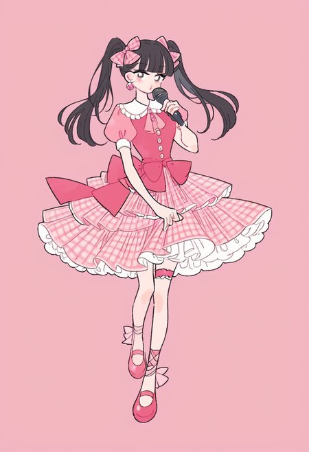 score_9, score_8_up, score_7_up, score_6_up, source_anime, <lora:rikuwo_v0.3-pony:1>
1girl, long hair, skirt, simple background, shirt, black hair, dress, bow, twintails, jewelry, standing,  short sleeves, hair bow, earrings, frills, shoes, puffy sleeves, blunt bangs, puffy short sleeves, plaid, thigh strap, pink background, pink bow, pink dress, pink skirt, pink footwear, leg ribbon, holding microphone,