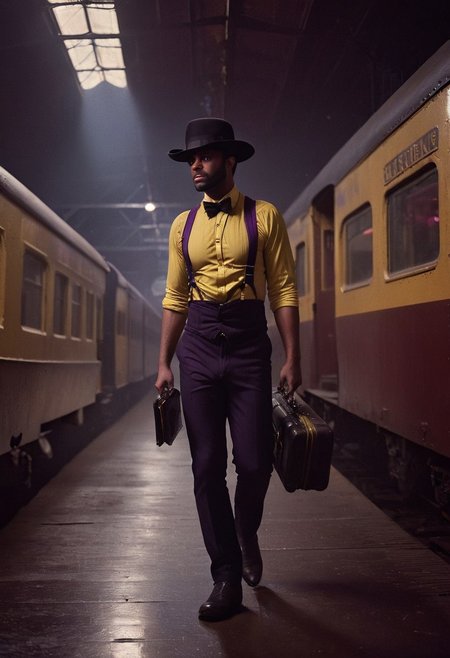 cinematic shot of gang walking in a grand 1800s railroad station, dirty 1970s philadelphia, menacing gaze, wearing black-pants, yellow suspenders, red bow tie, high dark purple cowboy hat, black and white eyes and cheeks, glitter blue-shirt, dramatic shadows, high resolution, carrying guitar cases