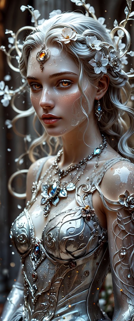 Silver statue of a woman, her skin composed of delicate, textured silver flakes, with chrome and glass flowers intricately woven into her hair, her eyes gleaming with a warm, bluish light, wearing a majestic, windy-blown ornate gown with tattered, silver petals, reminiscent of a dark, dystopian world, her face and shoulders illuminated by a soft, ambient glow, as if radiating an otherworldly energy, in the styles of Royo's dark, mystical realism, Artgerm's hyper-detailed, metallic sheen, and Lovecraft's eerie, atmospheric tension, with meticulous attention to intricate textures, dramatic shading, and a sense of haunting, ethereal beauty.