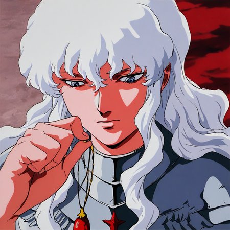 masterpiece, best quality, newest, absurdres, highres, vintage anime, 90s anime, 1boy, griffith_(berserk), armor, long hair, blue eyes, wavy hair, white hair, holding jewelry, BBH/EOK-V1.0-base, behelit, jewelry,