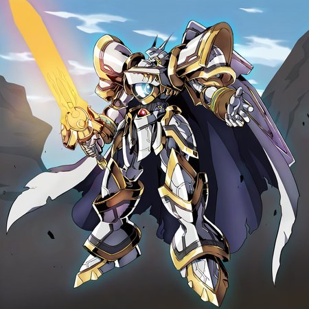 highres, best quality, masterpiece, very aesthetic, newest, <lora:AlphamonPony:1>,solo,alphamon,cape,pauldrons,armor,holding energy sword,full body,1boy,anime,intricate linework,vivid colors,outdoors