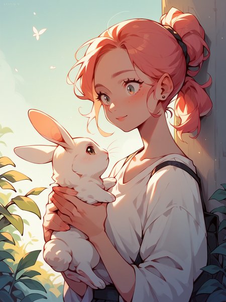 score_9, score_8_up, score_7_up, score_6_up,  <lora:p3tl0v3XLP:1> p3tl0v3, 1girl, rabbit, holding rabbit