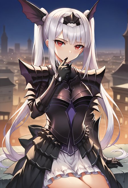 score_9, score_8_up, score_7_up, source_anime, masterpiece, 1girl, ctianexc3lla, red eyes, dress, armor, pauldrons, vambraces, black gloves, frilled skirt, frilled sleeves, outdoors, city, day, sunny, depth of field, looking at viewer, cowboy shot, hand up, hand on chin, sitting, <lora:Excella_Noa_Aura_pony_ct:0.8>