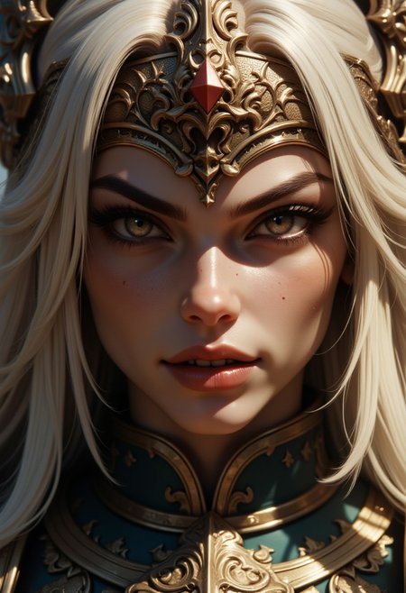 hkstyle, G0thicL1nes, holy armor, photorealistic extreme closeup image of the face of a stunning oriental warrior princess, flowing blonde hair, circlet, fierce expression, dark eyeshadow,
