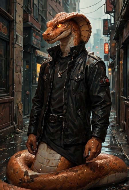 score_9, score_8_up, score_7_up, best quality, fine detail, stylized comic book drawing, 1boy, solo, wearing a large leather jacket with spikes and studs, (he is a snake), glowing eyes, (anthropomorphic_snakes_(naga)), in a wet Asian cyberpunk city, visually interesting, vivid colors, dark shadows, highest quality, <lora:OtherStyle_08-Merge5_06_04_02_02:1>