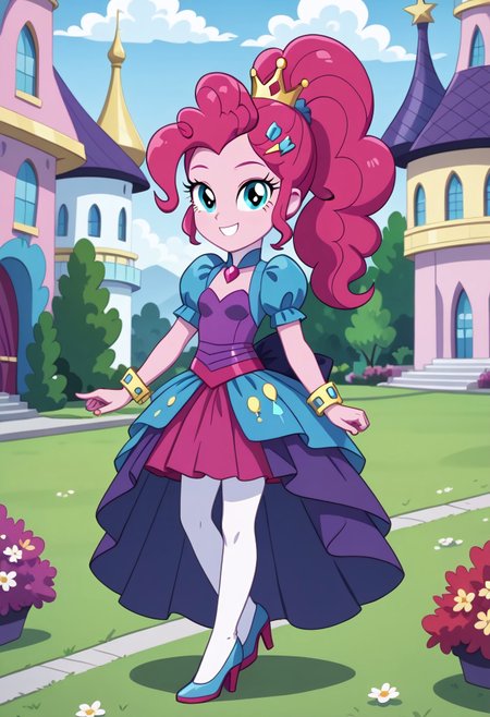 score_9, score_8_up, score_7_up, score_6_up, from My Little Pony Equestria Girls, a very young little human girl Pinkie_Pie wearing a fit blue|sky|green|brown|darkpurple|red|yellow gradients colors short princess dress, elegant detailed princess shoes, solo, 1girl, little princess girl, dark pink hair with crown hairband, smile, childhood, looking at viewer, glow detailed eyes, garden of canterlot, tul, chiffon, laces, semi realistic cartoon, unreal engine 5,  full body close-up, absurdres, digital art, soft light, perfect hands, perfect, hands, perfection, soft pink skin, skyblue eyes, party accesories and shoes, jewelry, tres chic,<lora:age_slider_v4:-4>,