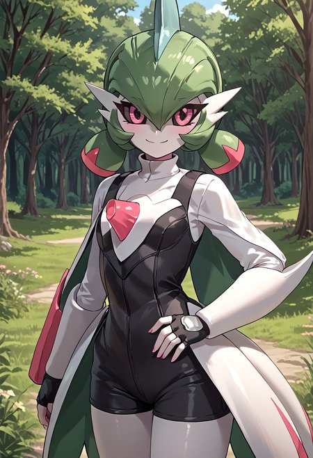 score_4,score_5,score_6,score_7_up,score_8_up,score_9 ((masterpiece,best quality,ultra detailed,highres,HD,4k:1.2)), 
1 girl,solo,face focus,
((ironvaliantsv,pokemon (creature), solo,colored skin, white skin:1.2)),
green hair,low twintails,pink eyes,colored sclera,
cape,shirt,sleeveress shirt,fingerless gloves,shorts,black shorts,jewelry,
outdoors,in the forest,day,
standing,
smile,.blush,light smile,