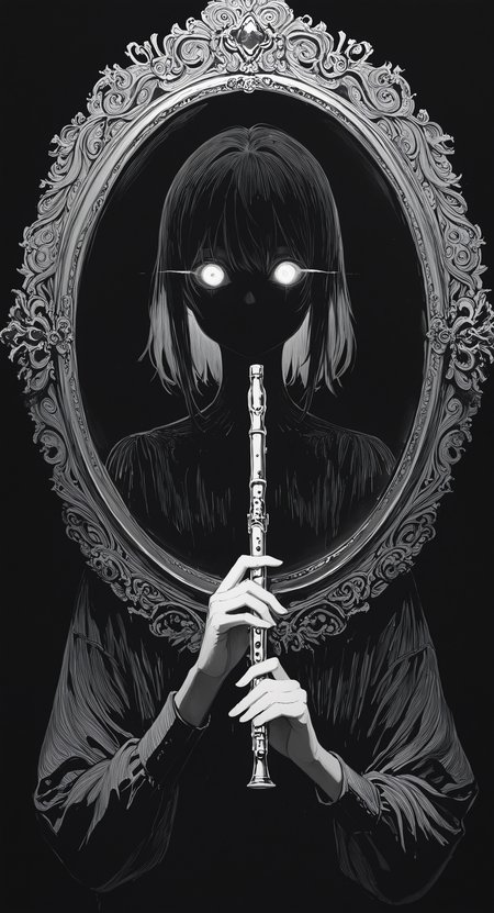 masterpiece, best quality, good quality, very awa, newest, highres, absurdres,  solo, looking at viewer, simple background, holding, upper body, monochrome, greyscale, hand up, glowing, traditional media, black background, 1other, instrument, glowing eyes, mirror, holding instrument, blank eyes, horror \(theme\), flute, hand mirror, holding mirror, limited palette, sketch, glowing, psychedelic, <lora:illustriousXL_stabilizer_v1.23:0.3> <lora:NOOB_vp1_detailer_by_volnovik_v1:0.3> <lora:ponyv6_noobE11_2_adamW-000017:0.3> <lora:114558v4df2fsdf5:0.6> <lora:mon_monmon2133:0.5>
