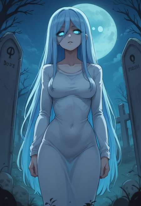 score_9, score_8_up, score_7_up, score_6_up, source_anime, ultra quality, clear lines, look at viewer,  (/anime style), ghost girl, glowing hair, long hair, glowing eyes, cemetery, night, ghost, horror