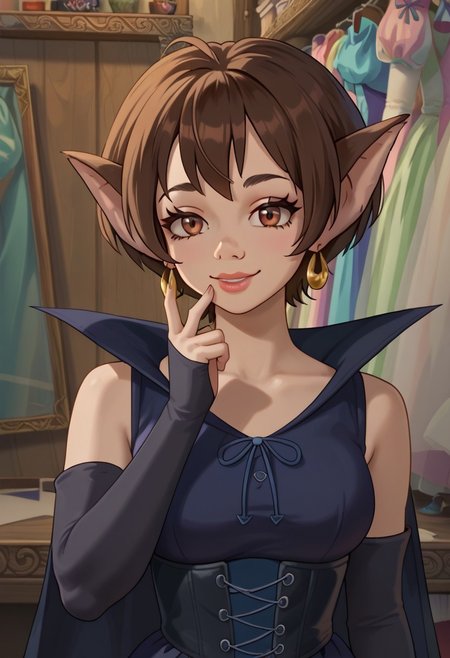 score_9, score_8_up, score_7_up, detailed dace, detailed eyes, 1girl, solo, n41n4, brown hair, short hair, brown eyes, animal ears, earrings, black dress, sleeveless, corset, cape, elbow gloves, upper body, bedroom eyes, seductive smile, looking at viewer, finger at own cheek,