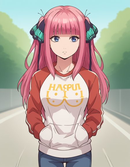 score_9, score_8_up, score_7_up, source_anime, <lora:nnakano-s1-ponyxl-lora-nochekaiser:1>, long hair, bangs, blue eyes, hair ornament, hair ribbon, pink hair, blunt bangs, two side up, butterfly hair ornament, mature female,, <lora:oppai-hoodie-ponyxl-lora-nochekaiser:1>, oppai hoodie, hoodie, raglan sleeves, clothes writting, hands in pocket,, outdoors, street,, cowboy shot, dutch angle, solo,