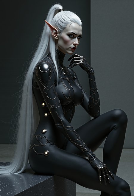 A dark elf female with elegant close-fitting pointed ears, carbon fibre and matte darkcoal skin, striking silver eyes, and long flowing white hair. 

She wears a form-fitting black bodysuit adorned with intricate silver circuit-like patterns and glowing orbs embedded at key points. 

She sits in a thoughtful pose with one hand supporting her face. Set against a minimalist misty dark background with subtle shadowy elements. 

Fantasy concept art, highly detailed digital painting, dramatic lighting highlighting the silver elements against the dark form, elegant and mystical atmosphere, dark fantasy aesthetics