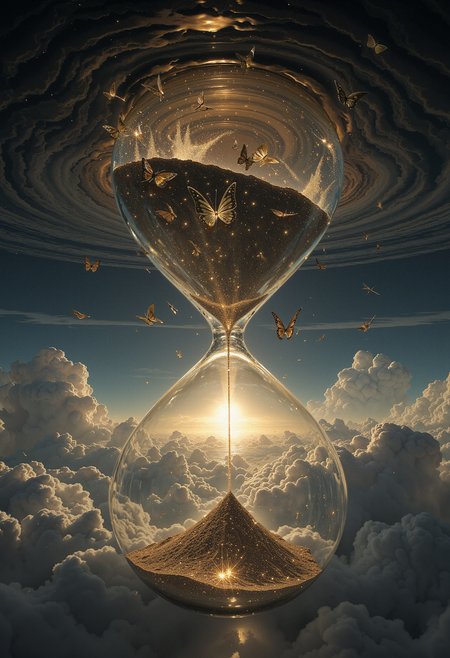 A surreal image of a floating, upside-down hourglass where the sand consists of shimmering metallic butterflies. As the sand flows upward, the butterflies flutter their wings, breaking apart into smaller particles of stardust. The hourglass floats in the center of a vast, liquid-like sky, with ripples of light radiating outward from the hourglass. The entire scene is bathed in ethereal light, with hints of glowing, molten gold swirling in the background. The perspective is slightly tilted, giving a disorienting yet mesmerizing effect.    <lora:dark_fantasy_flux:0.83> <lora:FredFraiStyle-FLUX-Share:0.63> <lora:sxz-Dark-Fantasy-v2-Flux:0.33> drkfnts style, <lora:flux.1_lora_flyway_Epic-Characters_v1:0.43>