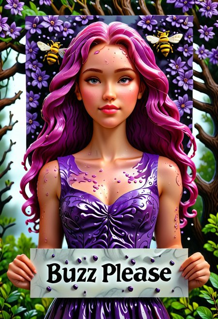 ((photorealistic)), ((1girl)),  score_9, score_8_up, score_7_up, score_6_up, score_5_up, 1girl, 25 years old, detail face, long dress, pretty dress, purple dress, long wavy hair, pink hair, pink wavy hair, wavy hair, wet hair, rain, perfect eyes, detailed skin, flower background, tree background, warrior princess, arrogant, aloof, (((holding a sign that says "BUZZ PLEASE", text: "BUZZ PLEASE"))), realistic skin, detailed skin